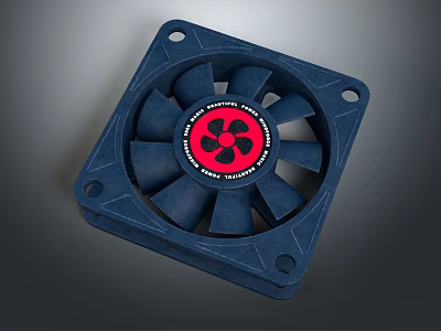 Square Shaped Blue Air Conditioner Fan Featuring Red Center Logo And Blades 3d model