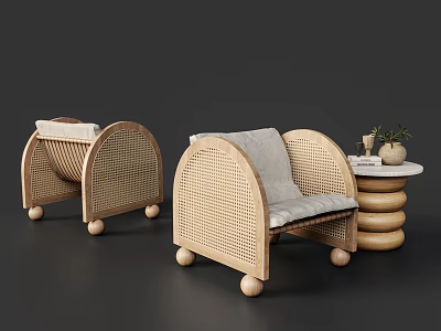 Leisure Sofa Set with Rattan Cushioned Seats and Round Side Table with Small Potted Plant 3d model