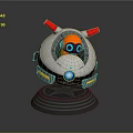 Spherical Robot Character Housing Orange Creature With Blue Glowing Eyes Red Antennae And Gray Base