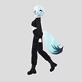 Woman with blue hair and animal ears in black cardigan white crop top black pants
