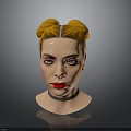 Woman with orange double buns yellow glittery eyes red lips black choker on gray background