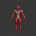 Red Ultraman Character In Tight Bodysuit With White Patterns And Blue Chest Gem