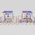 Purple Amusement Claw Machines With Red Ropes Stanchions And Colorful Decorations