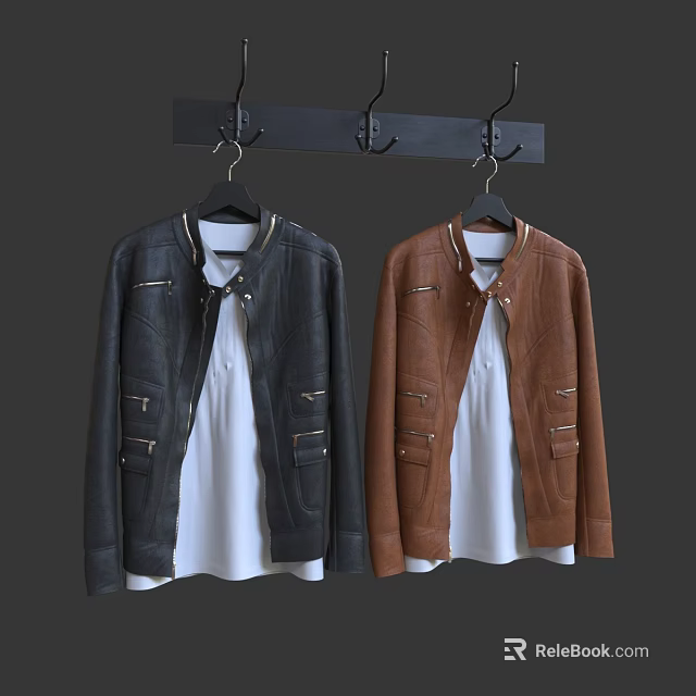 Black And Brown Leather Jackets Hanging With White Inner Shirts On Hangers 3d model 