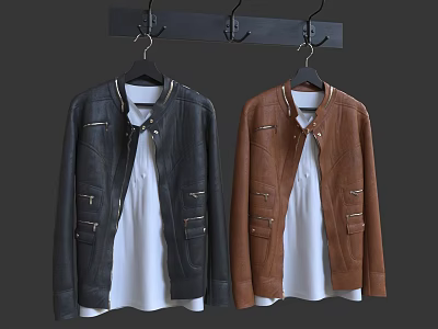 Black And Brown Leather Jackets Hanging With White Inner Shirts On Hangers 3d model