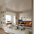 Modern Living and Dining Room Interior with Dining Table Sofa Wall Art and Pendant Light