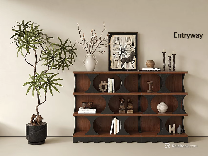 Entryway Wooden Decorative Cabinet With Shelves Books Decorations And Potted Plant 3d model 