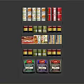Organized Food Shelf Display With Canned Goods Bottled Condiments And Boxed Foods