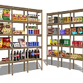 Retail Display Shelves Stocked with Cereals Snacks Bottled Drinks and Canned Goods