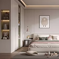 Modern Kids Bedroom With Bed Pillows Pink Desk Chair Shelves Sheep Painting And Toys