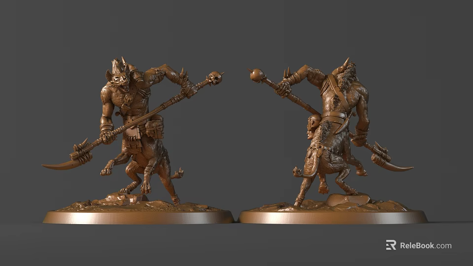 Detailed Bronze Mythical Warrior Sculptures with Intricate Armor Holding Weapons on Pedestals 3d model 