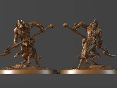 Detailed Bronze Mythical Warrior Sculptures with Intricate Armor Holding Weapons on Pedestals 3d model