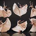Woman Dancing in Flowing Pink Dress with Various Poses and Reflections on Black Background