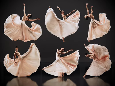 Woman Dancing in Flowing Pink Dress with Various Poses and Reflections on Black Background 3d model