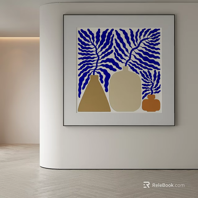 Abstract Painting With Blue Leaf Patterns And Three Colored Vases Hanging On White Wall 3d model