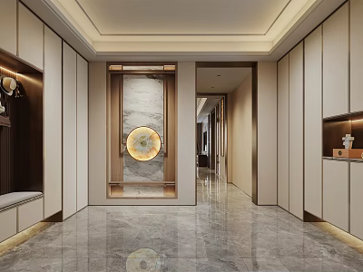 Modern Foyer Hallway Design With Marble Floor Cabinets And Circular Decorative Panel 3d model