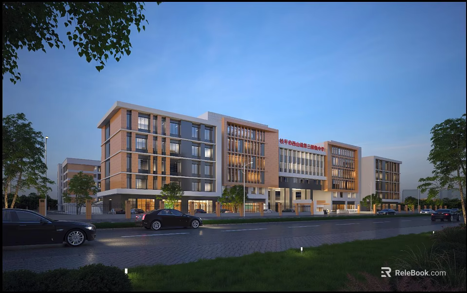 Modern Multistory School Building Exterior With Glass Windows Parked Cars And Landscaped Surroundings 3d model 