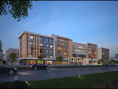 Modern Multistory School Building Exterior With Glass Windows Parked Cars And Landscaped Surroundings 3d model
