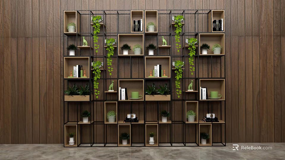 Modern Indoor Decorative Storage Shelf With Metal Frame Wooden Shelves Green Plants And Books 3d model 