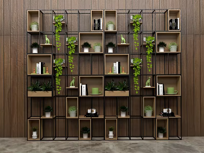 Modern Indoor Decorative Storage Shelf With Metal Frame Wooden Shelves Green Plants And Books 3d model