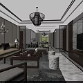 Chinese Style Dining Living Room Interior With Round Table Chandelier Wooden Furniture And Display Shelves