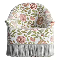Elegant Single Chair With Floral Pattern Green Leaves Pink Flowers And Fringe
