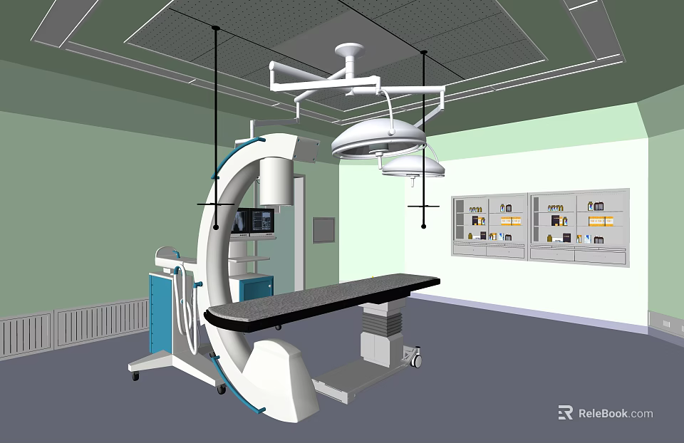 Modern Operating Room With Surgical Table Lights And Medical Equipment Cabinets 3d model 