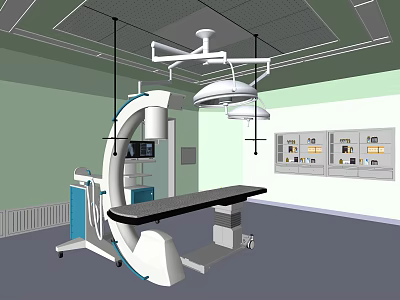 Modern Operating Room With Surgical Table Lights And Medical Equipment Cabinets 3d model