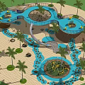 Garden Playground Features With Palm Trees Blue Water Channels And Sand Area