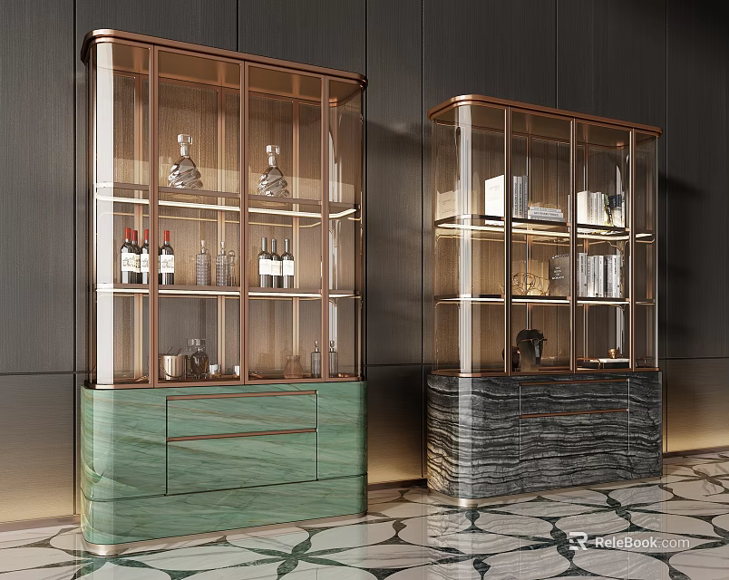 Pair of Modern Wine Cabinets with Glass Doors and Marble Bases for Wine Storage 3d model 