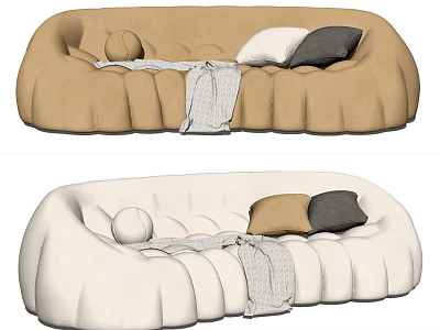 Modern Beige and White Sectional Sofa with Pleated Design and Pillows Blanket 3d model