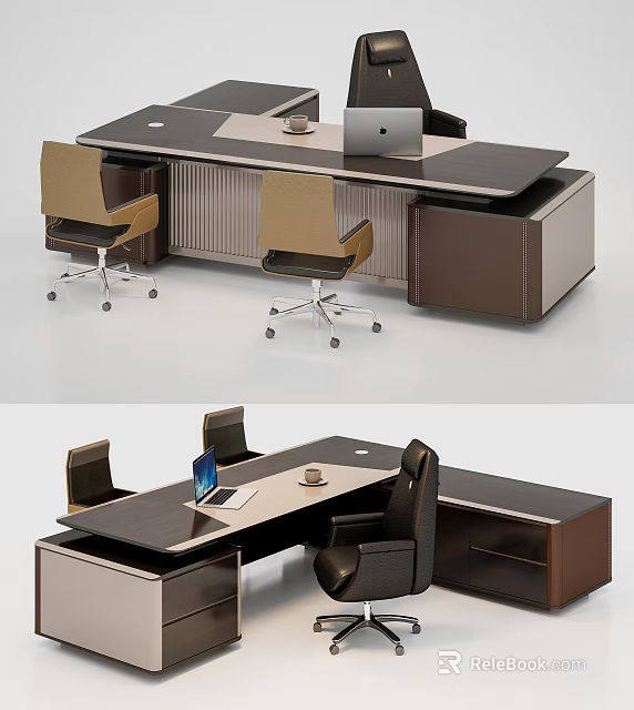 Contemporary Work Desk With Wooden Surface Metal Frame Ergonomic Chairs And Drawers 3d model 