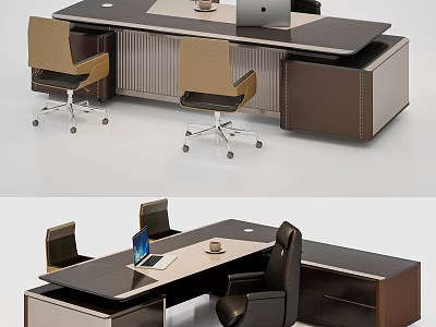 Contemporary Work Desk With Wooden Surface Metal Frame Ergonomic Chairs And Drawers 3d model