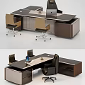 Contemporary Work Desk With Wooden Surface Metal Frame Ergonomic Chairs And Drawers