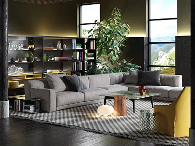 Modern Grey Sofa and Glass Coffee Table Set with Throw Pillows Green Plant and Bookshelf 3d model