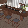 Solid Wood Tea Table And Chairs With Tea Set Cushioned Stools And Potted Plant 3d model