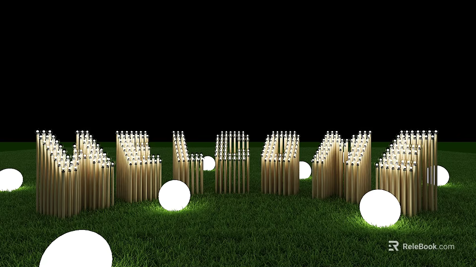 3D Letters Made of Wooden Sticks on Green Grass With White Spherical Lights 3d model 