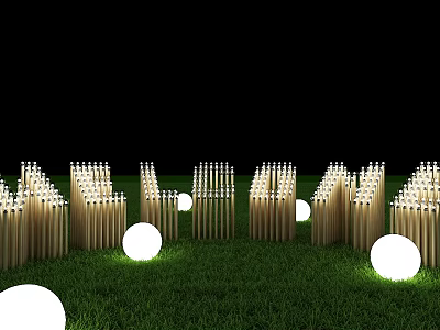 3D Letters Made of Wooden Sticks on Green Grass With White Spherical Lights 3d model