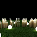 3D Letters Made of Wooden Sticks on Green Grass With White Spherical Lights