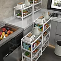 White Multi Tiered Kitchen Shelves Featuring Dinnerware Set Fresh Fruits Vegetables And Condiment Bottles