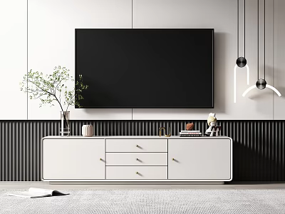 Modern White TV Cabinet with Drawers Gold Handles Green Plant and Hanging Lights on Striped Wall 3d model