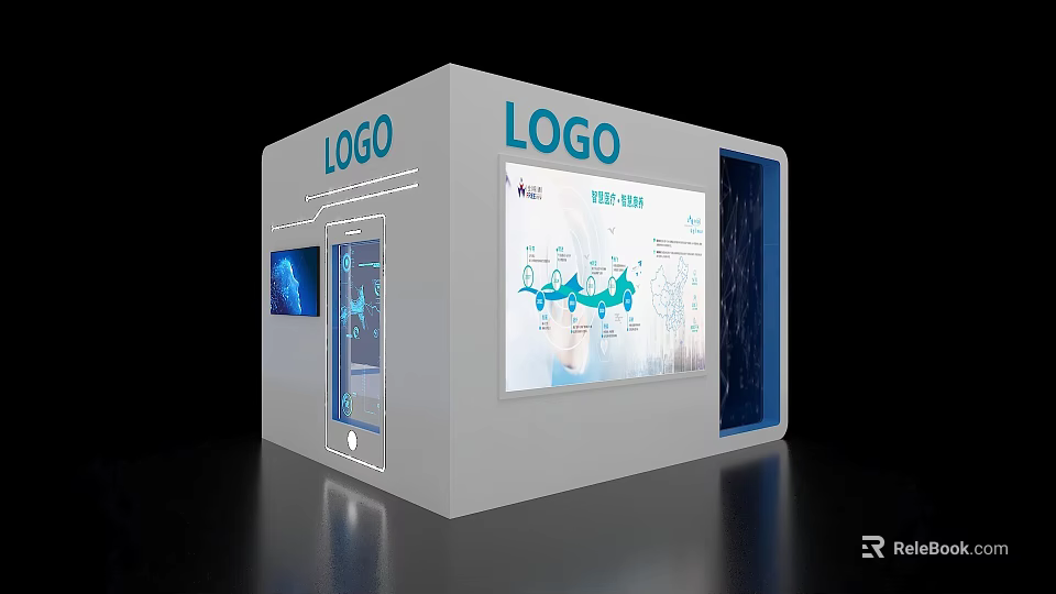 Modern Exhibition Booth for Water Treatment with Logo Display Graphics and Blue Illustrations 3d model