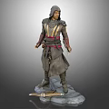 Hooded Warrior Figure Standing In Pose With Intricate Robe Stone Base And Weapons
