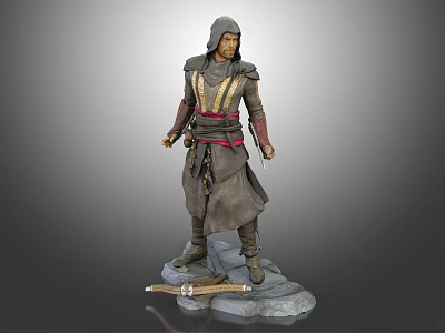 Hooded Warrior Figure Standing In Pose With Intricate Robe Stone Base And Weapons 3d model