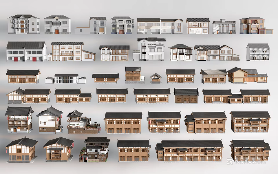 Ancient Architecture Models Featuring Traditional Roof Designs And Diverse Wooden Structures 3d model 
