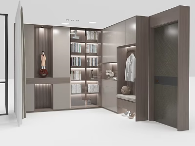 Modern Wooden Shoe Cabinet Design With Storage Shelves Bench Coat Hooks And Lighting 3d model