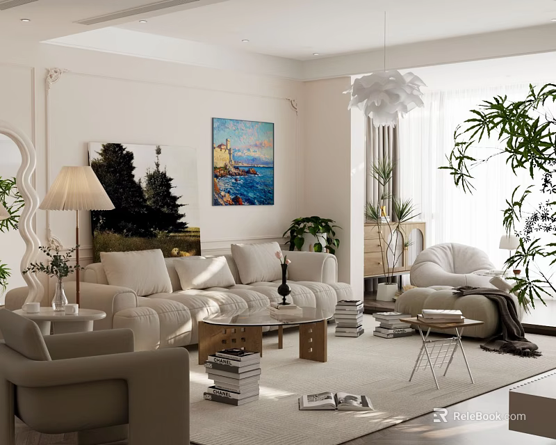 Modern Living Room Interior With Beige Sofa Armchair Decorative Paintings And Green Plants 3d model 