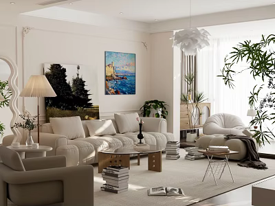 Modern Living Room Interior With Beige Sofa Armchair Decorative Paintings And Green Plants 3d model