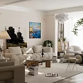 Modern Living Room Interior With Beige Sofa Armchair Decorative Paintings And Green Plants