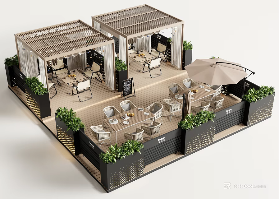 Outdoor Table and Chair Set with Pergola Green Plants and Umbrella in Patio Area 3d model 